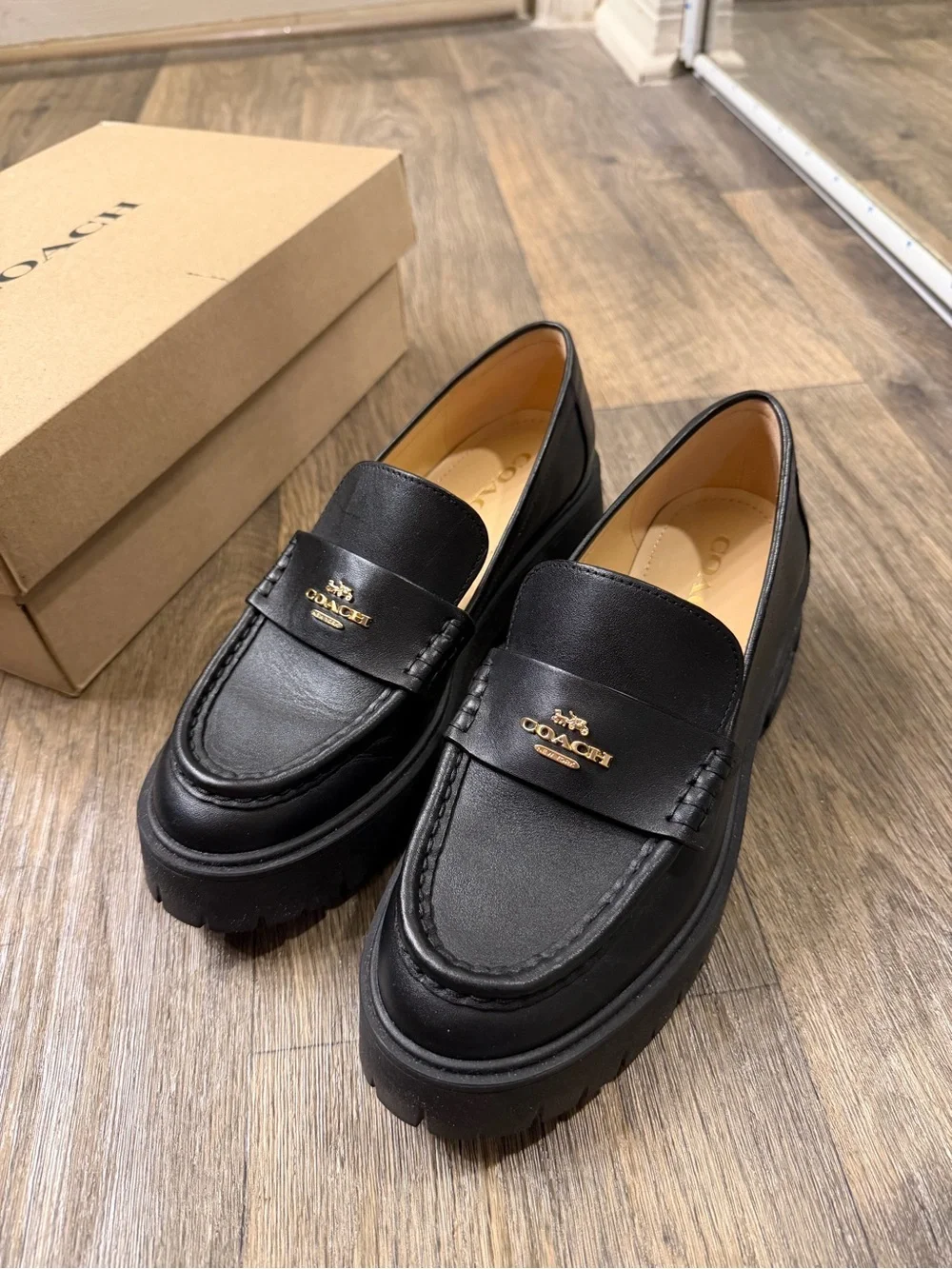 Coach Woman Black Leather Chunky Loafers - Picture 1 of 8
